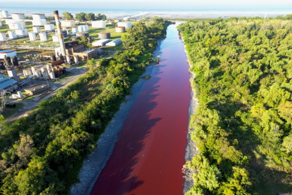 River in Argentina’s capital turns blood red, triggering fear among residents.